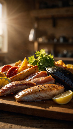 A plate of food with meat, potatoes, and vegetables. The plate is on a wooden tableの素材