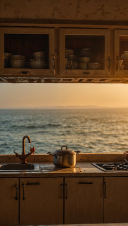 A kitchen with a sink, stove, and a pot on the stove. The kitchen is overlooking the oceanの素材