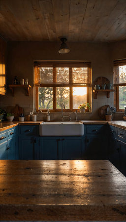A kitchen with a blue countertop and blue cabinets. The kitchen has a sink and a windowの素材