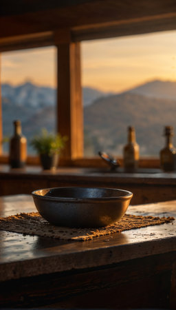 A bowl sits on a wooden table in front of a window. The bowl is black and the table is made of wood. The window has a view of mountains in the backgroundの素材