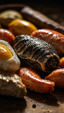 A plate of food with a variety of meats and vegetables, including a fried egg. The plate is on a wooden table, and the food looks delicious and appetizingの素材
