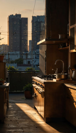 A kitchen with a view of the city skyline. The sun is shining through the window, casting a warm glow on the countertopsの素材