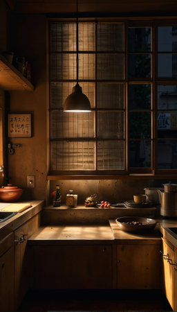 A kitchen with a window and a light hanging from itの素材