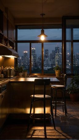 A kitchen with a view of the city skyline. The kitchen is dimly lit, giving it a cozy and intimate atmosphere. There are two chairs and a dining table in the roomの素材
