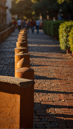 A brick walkway with a row of metal posts. The walkway is empty except for a few people walking byの素材