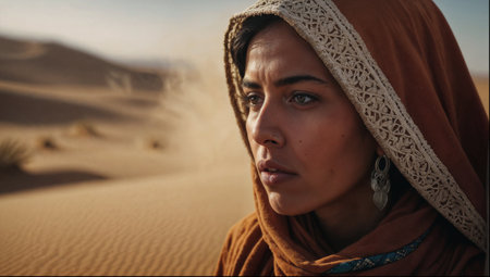 A woman wearing a brown scarf and a gold earring is standing in a desert. The scene is serene and peaceful, with the woman looking off into the distanceの素材