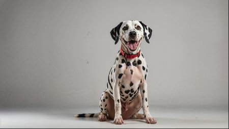 A dog with a red collar is sitting on a white background. The dog is smiling and he is happyの素材