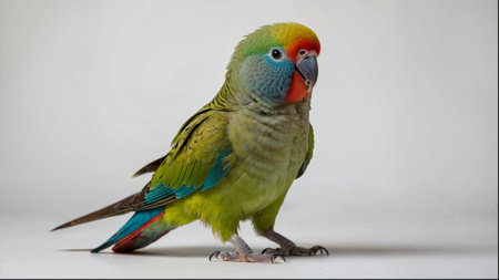A green and blue parrot is standing on a white background. The bird is looking at the camera and he is curiousの素材