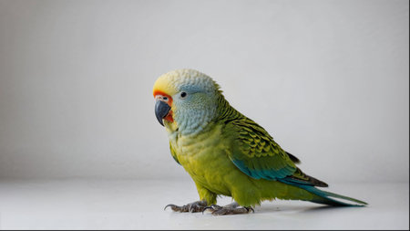 A green and blue parrot is sitting on a white surface. The bird is looking at the cameraの素材