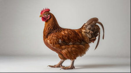 A chicken with a red comb stands on a white backgroundの素材