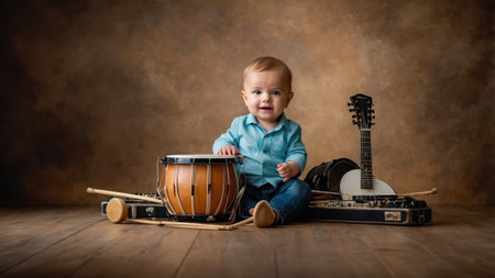 A baby is sitting on the floor with a drum and a guitar. The baby is smiling and seems to be enjoying the moment. Concept of playfulness and innocence, as the baby is surrounded by musical instrumentsの素材