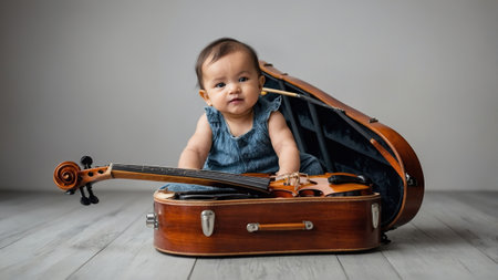 A baby is sitting on top of a guitar case. The baby is smiling and looking at the camera. The guitar case is brown and has a wooden finish. The scene is playful and lighthearted, with the babyの素材