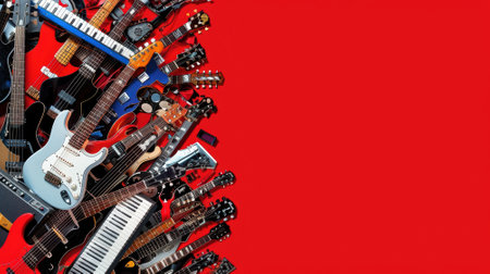 A red background with a bunch of guitars and keyboards. The guitars are of different sizes and shapes, and the keyboards are also scattered around. Concept of creativity and passion for musicの素材
