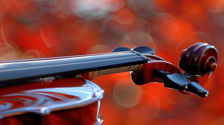 A violin with a red background. The background is blurry and the violin is the main focusの素材