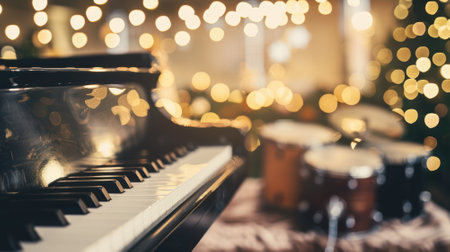 A piano is surrounded by drums and a Christmas tree. Scene is festive and joyfulの素材