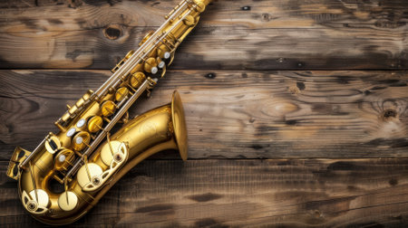 A gold colored saxophone is sitting on a wooden surface. The saxophone is the main focus of the image, and the wood grain of the surface adds a warm and natural feel to the sceneの素材