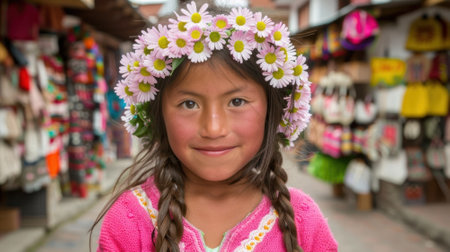 A young girl wearing a pink dress and a flower headband. She is smiling and looking at the cameraの素材