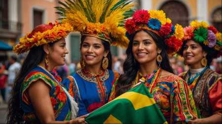 A group of women wearing colorful clothing and headdresses are smiling and holding a green and yellow flagの素材