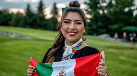 A woman is holding a Mexican flag and smiling. The flag is red, white, and greenの素材