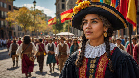 A woman wearing a black hat and a red and yellow flag is standing in a crowd. Concept of festivity and celebration, as the woman is likely participating in a parade or a cultural eventの素材