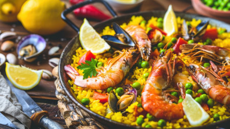 A plate of food with shrimp, peas, and yellow rice. The plate is on a wooden table with a knife and a bowl of peasの素材