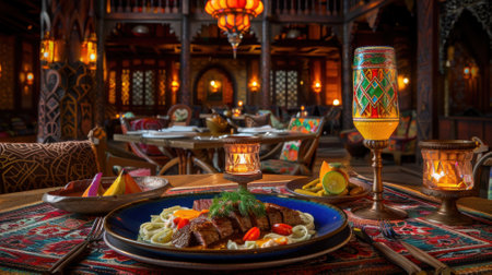 A table with a blue plate of food and a glass of wine. The table is set with silverware and a vase. Scene is elegant and sophisticatedの素材