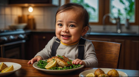 A baby is sitting at a table with a plate of food in front of him. He is smiling and he is enjoying his mealの素材