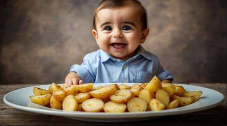 A baby is holding a plate of potatoes. The baby is smiling and he is happy. Concept of joy and innocence, as the baby is enjoying a simple mealの素材