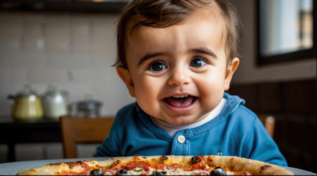 A baby is smiling and eating a slice of pizza. The baby is wearing a blue shirt and is sitting at a tableの素材