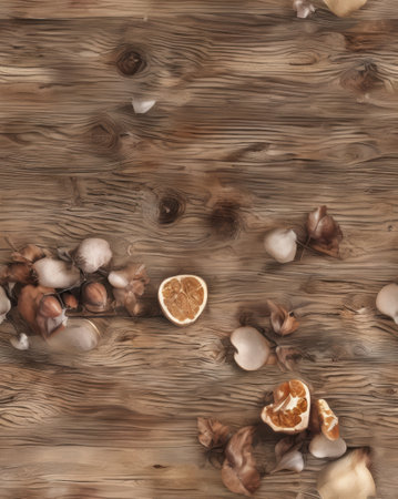 A wooden table with a pile of oranges and leaves on it. The oranges are cut in half and the leaves are scattered around them. The scene gives off a rustic and natural vibe, with the orangesの素材