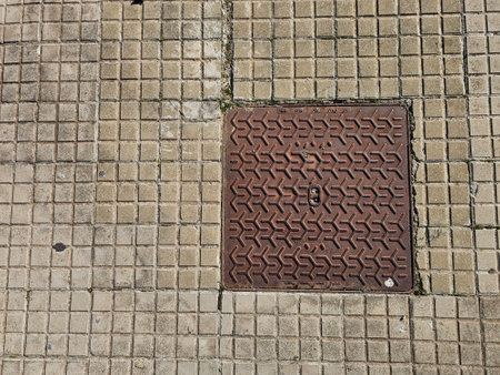 Metal Utility Cover with Geometric Pattern on Tiled Sidewalkの写真素材