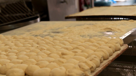 Raw bread dough portions on floured baking trays in a bakery