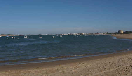Sunny Day at Coastal Beach with Boats and Clear Skyの写真素材