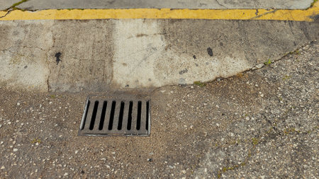 Metal storm drain grating embedded in asphalt next to a concrete curb with a yellow painted line markingの写真素材