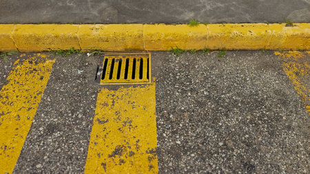 Yellow painted curb and drain cover on asphalt street with yellow no parking linesの写真素材