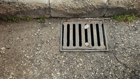 Close-up of a rusty metal grate covering a storm drain on a gravel street, showing signs of wear and tearの写真素材
