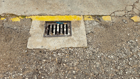 Close-up of a damaged asphalt road featuring a sewer grate with debris, a yellow painted line, and cracked concrete, highlighting urban decay and infrastructure issuesの写真素材