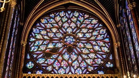 Paris, France-14 January, 2018: View interior of the famous Saint Chapelle, details of beautiful...