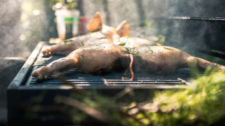 Chef cooking barbecue with a whole pig on grilled. Very delicious tasty pork on a barbecue in...