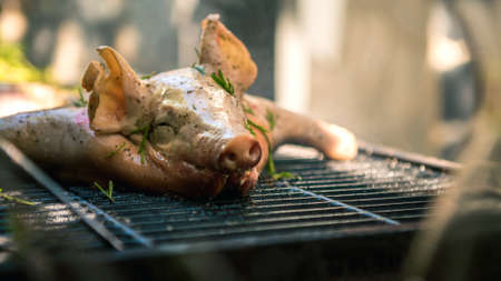 Tasty pork on a barbecue grill. Close up of whole pig cooked grilled meat in BBQ of garden home at...