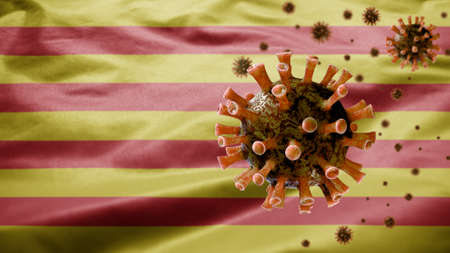 Catalonia flag waving and Coronavirus 2019 nCov concept. European outbreak in Catalan territories, coronaviruses influenza as dangerous flu strain cases as a pandemic. Microscope virus Covid19 close up.の写真素材