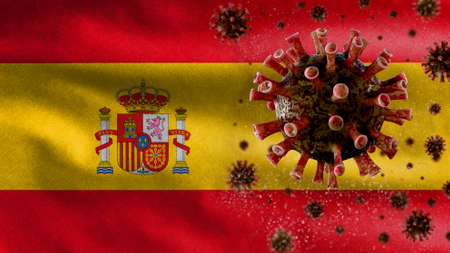 Flu coronavirus floating over Spanish flag, a pathogen that attacks the respiratory tract. Spain...