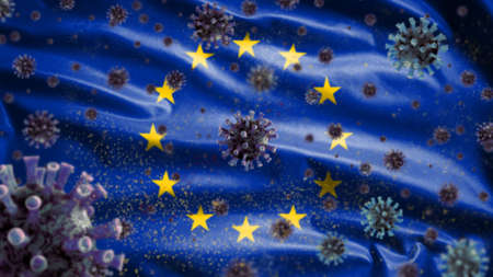 Flu coronavirus floating over European Union flag, pathogen that attacks the respiratory tract. Europe banner waving with pandemic of Covid19 virus infection concept. Closeup of fabric texture ensignの写真素材
