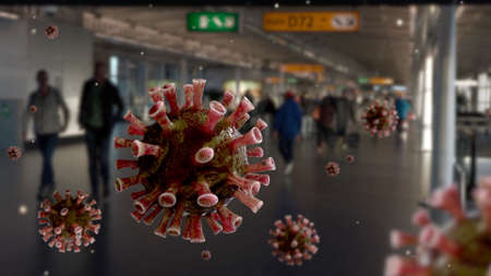 Flu coronavirus floating on air at passenger boarding area in international airport. Asian people traveling with suitcase for business or tourism on terminal. Pandemic of Covid19 virus infectionの写真素材