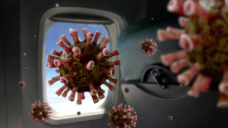 Coronavirus outbreak infecting respiratory system on traveling plane by air. Covid 19 virus as dangerous flu on seat cabin interior airplane. Pandemic medical health risk concept. 3D animationの写真素材