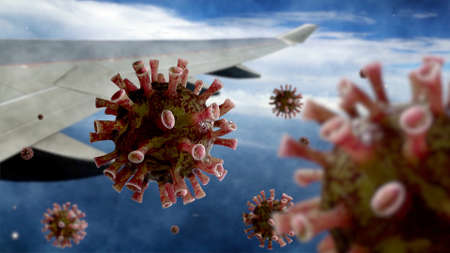 Flu coronavirus floating on air with blue sky and plane wing. Pandemic of Covid19 virus infection, airplane window in flight trip. Travel and coronaviruses influenza concept. 3D animationの写真素材