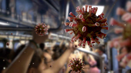 Flu coronavirus floating on the air with many asian people are standing in the metro. Passengers at rush hour in train public transport. Coronavirus outbreak infecting respiratory system.の写真素材
