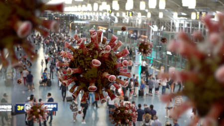 Flu coronavirus floating on air at passenger boarding area in international airport. Asian people...