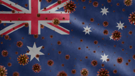 Australian flag waving with Coronavirus outbreak infecting respiratory system as dangerous flu. Influenza type Covid 19 virus with national Australia banner blowing background. Pandemic risk conceptの写真素材