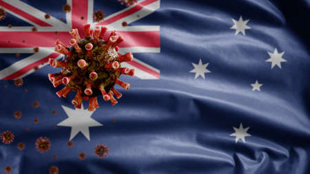 Australian flag waving with Coronavirus outbreak infecting respiratory system as dangerous flu. Influenza type Covid 19 virus with national Australia banner blowing background. Pandemic risk conceptの写真素材